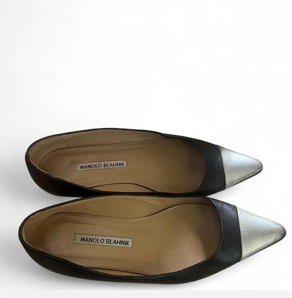 超美品　36.5 MANOLO BLAHNIK ブラック フラットシューズ マノロ・ブラニク ブラック＆シルバー キャップトゥ フラットシューズ