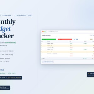 Peut inclure: Une interface de suivi budgétaire mensuel numérique sur fond clair. Le texte indique Monthly Budget Tracker, Maasser calculated automatically on every income entry, avec des fonctionnalités comme auto Maasser, 12 mois de données, export et import, et 100% privé. La feuille de calcul affiche des colonnes pour la date, la description, la catégorie, les revenus, les dépenses et le solde.