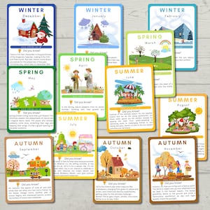 Flashcard sulle stagioni stampabili per bambini/apprendimento in età prescolare Fatti divertenti sulle stagioni dell'anno per/schede educative stampabili per bambini.
