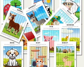 May include: A set of 10 printable farm animal puzzle activity sheets. Each sheet features a different farm animal, such as a cow, pig, sheep, and horse, with lines to cut along to create a puzzle.