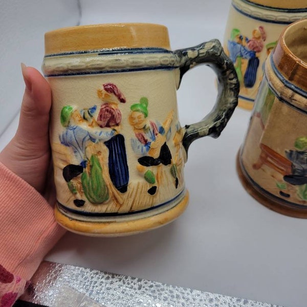 Vintage Set of three Hand Painted Bavarian Beer Stein Mug with Victorian scenes