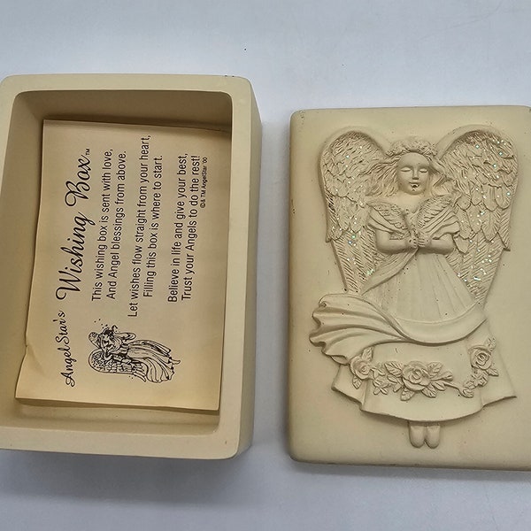 Wishing Trinket Box with Angel Lid with glittered wings. Raised Rose glittered flowers in base of box. Paper insert 3.5 x 2.5"