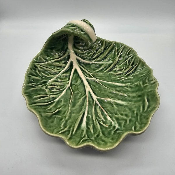 Vintage curled leaf edge Green Majolica Cabbageware Bowl, Bordallo Pinheiro Portugal. Stem side curled almost into handle. About 7" wide.