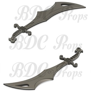 May include: A 3D printed model of a sword with a curved blade and a detailed hilt. The sword is made of a gray plastic and has a sharp point.