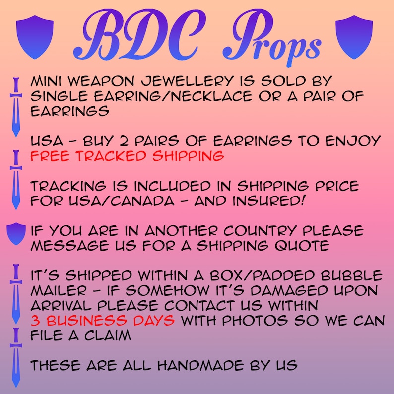 May include: A gradient pink and orange background with the text "BDC Props". The text states that mini weapon jewelry is sold as single earrings, necklaces, or pairs of earrings. The text also states that the items are handmade.