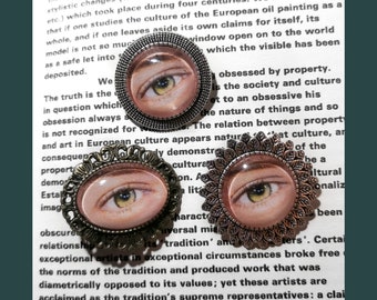 Hand drawn and inked. Personalised Lovers Eye Brooch,   Single Pin, Badge, Unique, Handmade and One of a Kind