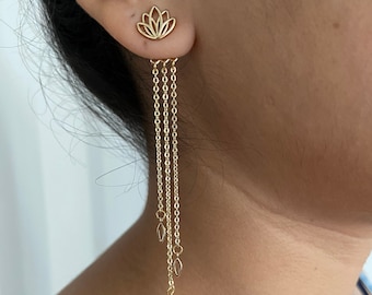 Lotus Earrings, Gold, Lotus Flower, Front back Earrings, Gifts for Friends, Christmas Gift