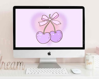 Cherries desktop wallpaper, bow desktop wallpaper, coquette desktop wallpaper, imac wallpaper, macbook wallpaper, laptop wallpaper windows