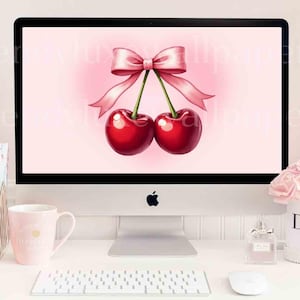 Cherry desktop wallpaper, bow desktop wallpaper, coquette desktop wallpaper, imac wallpaper, macbook wallpaper, laptop wallpaper windows bow