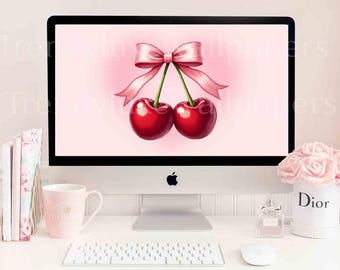 Cherry desktop wallpaper, bow desktop wallpaper, coquette desktop wallpaper, imac wallpaper, macbook wallpaper, laptop wallpaper windows bow