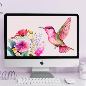 Floral hummingbird desktop wallpaper, cute pink MacBook wallpapers, flower laptop wallpaper, boho computer background, iMac mac pc wallpaper