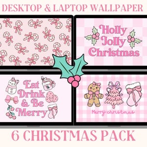 May include: A digital art pack featuring four laptop screens displaying Christmas-themed wallpapers. The wallpapers include candy canes, holly, the phrase "Holly Jolly Christmas," and other festive illustrations. The text "6 CHRISTMAS PACK" is at the bottom.