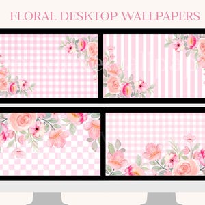 Flower desktop wallpaper bundle, gingham desktop wallpaper, floral desktop wallpaper, coquette computer laptop background MacBook wallpaper