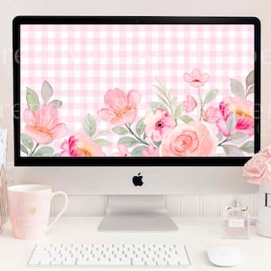 Floral desktop wallpaper, gingham desktop wallpaper, coquette desktop wallpaper, imac wallpaper, macbook wallpaper, laptop wallpaper checker