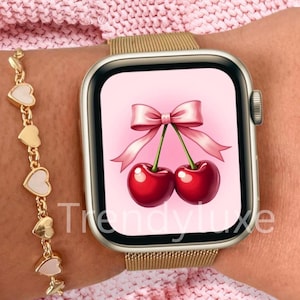 Kirschen Apple Watch Wallpaper, Pink Aura Smartwatch Wallpaper, Coquette Uhren Wallpaper, Kirschen Uhren Wallpaper, Bogen Uhren Hintergrund