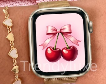 Cherries Apple Watch wallpaper, pink aura smartwatch wallpaper, coquette watch wallpaper, cherry watch wallpaper, bow watch background