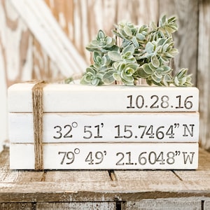 Stamped Books, Coordinates, Farmhouse Books, Books With Names, Decorative Books, Custom Book Stack, Personalized Stamped Books, Book Stack