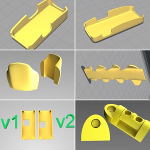 K&ouml;nnte beinhalten: Ein Satz gelber Kunststoffteile f&uuml;r ein 3D-gedrucktes Modell. Die Teile sind mit "v1" und "v2" gekennzeichnet.