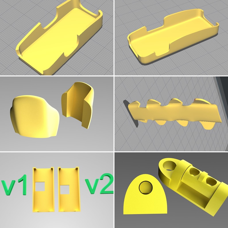 K&ouml;nnte beinhalten: Ein Satz gelber Kunststoffteile f&uuml;r ein 3D-gedrucktes Modell. Die Teile sind mit "v1" und "v2" gekennzeichnet.