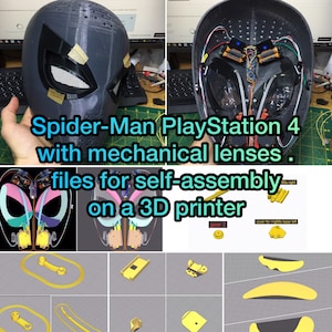 Może przedstawiać: Maska Spider-Mana wydrukowana w 3D z mechanicznymi soczewkami. Maska jest szara i ma czarny wzór pająka. Soczewki są przezroczyste i mają mechaniczny wzór. Obraz pokazuje również poszczególne części wydrukowane w 3D, które tworzą maskę.