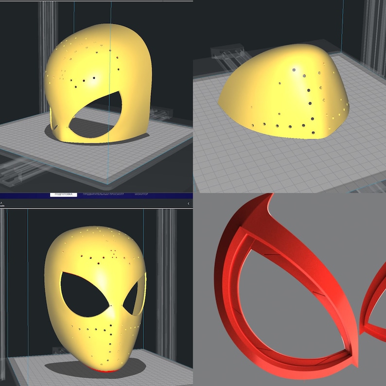 K&ouml;nnte beinhalten: Eine gelbe 3D-gedruckte Maske mit einem Spinnen-Design und L&ouml;chern im gesamten Bereich. Die Maske besteht aus zwei Teilen, einem f&uuml;r den oberen und einem f&uuml;r den unteren Teil. Die Maske befindet sich auf einer grauen Plattform.