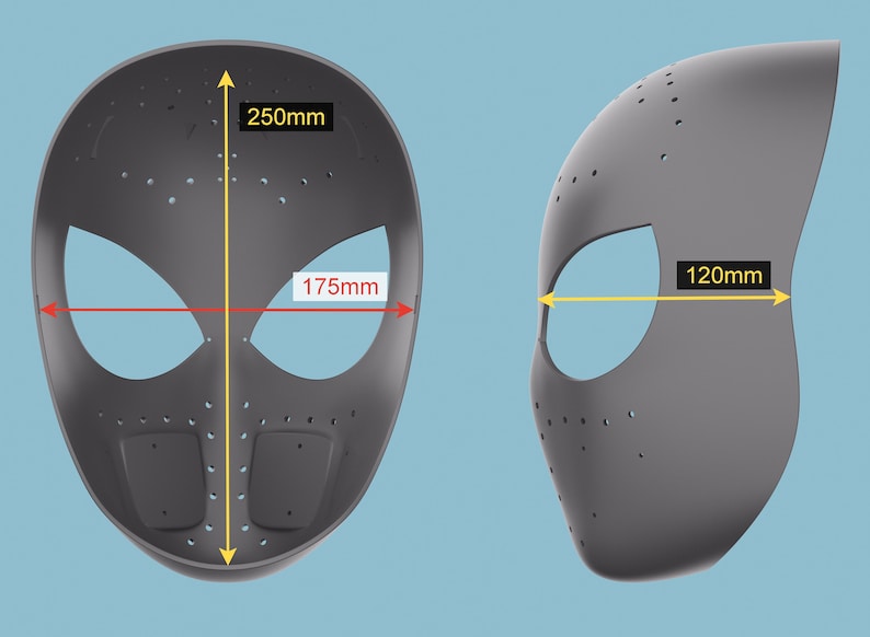 K&ouml;nnte beinhalten: Eine graue Plastikmaske mit Augenl&ouml;chern und einem Spinnen-Design. Die Maske ist 250 mm hoch, 175 mm breit und 120 mm tief.