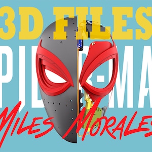 May include: 3D printed model of Miles Morales' Spider-Man mask, split in half to show the interior. The mask is red and black with a white spider logo. The text "3D FILES" is in yellow above the mask, and "MILES MORALES" is in red below the mask.