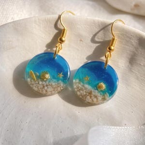 Blauwe oceaanharsoorbellen, blauwe zee ronde harshangers, imitatie strandoorbellen, blauwe zee- en strandharshanger, mediterrane oorbellen