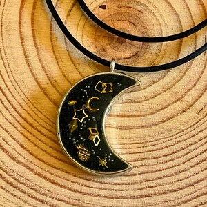 Black Crescent Moon Resin Necklace, Handmade Moon Pendant with Cosmic Charms, Boho Resin Jewelry, Gift for Her, Original Resin Pendant