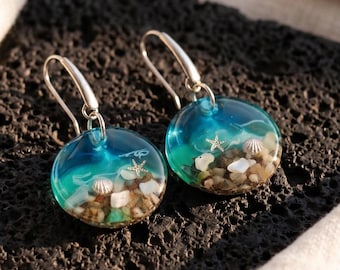 Real Sand Ocean Wave Earrings, Blue Resin Circle Drops, Coastal Beach Jewelry, Nature Inspired Gifts, Boho Mediterranean Style