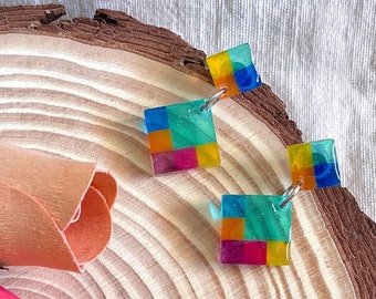 Handcrafted Colorful Resin Square Earrings - Square Green Resin Dangle - Unique Statement Jewelry