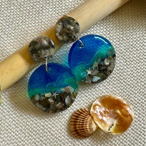 Blue Beach Resin Earrings, Blue Round Dangles, Imitation Sea Earrings, Blue Ocean Earrings With Real Sand, Boho Resin Jewelry, Gift for Her