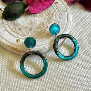 Blue and Black Resin Hoop Earrings, Handmade Geometric Dangle Jewelry, Lightweight Statement Earrings, Gift for Her, Boho Chic Accessories
