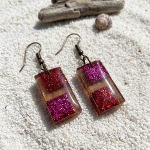 Pendientes Resina Purpurina Roja, Rectángulo Geométrico, Ganchos Bronce Antiguo, Joyería Boho