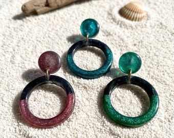 Resin Hoop Earrings, Two Tone Glitter, Mediterranean Jewelry, Beach Lover Gift