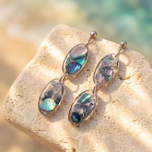 Könnte beinhalten: Ein Paar Ohrhänger mit zwei vertikal verbundenen ovalen Rahmen, die mit schillernden Abalone-Muschelfragmenten gefüllt sind. Die Ohrringe haben einen silberfarbenen Metallstift und einen kleinen kugelförmigen Stecker mit blau, grün und violett.