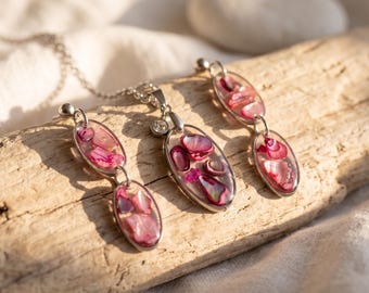 Pink Abalone Shell Jewelry Set, Oval Resin Necklace and Earring Set, Magenta Boho Coastal Jewelry, Matching Beach Gift for Her