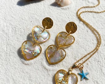 Iridescent Abalone Heart Resin Jewelry Set, Boho Beach Dangle Earrings Necklace