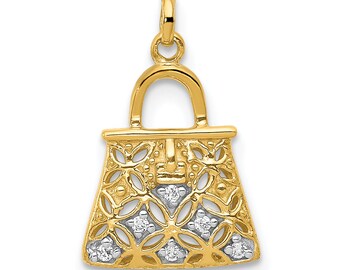 Solid 14k Yellow & Rhodium and Simulated CZ Handbag Charm