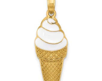 14k Yellow Gold Enameled Vanilla Ice Cream Cone Pendant