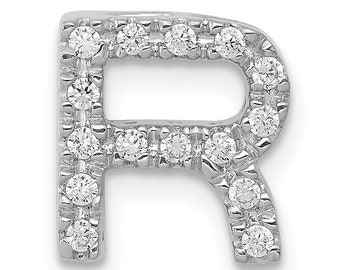 Solid 14k White Gold Simulated CZ Letter R Initial Charm