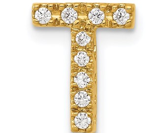 Solid 14k Yellow Gold Simulated CZ Letter T Initial Charm