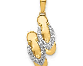 Solid 14k Yellow & Rhodium and Simulated CZ Flip Flops Charm