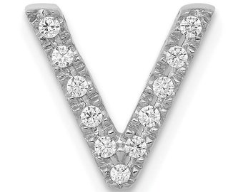 Solid 14k White Gold Simulated CZ Letter V Initial Charm