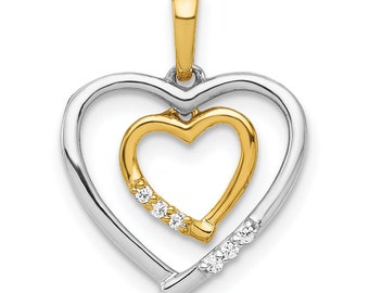 Solid 14k Two-tone White w/ Yellow Gold Heart Charm Simulated CZ Pendant