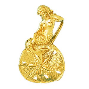 14K Gold 3D Mermaid Sitting On Sand Dollar Pendant