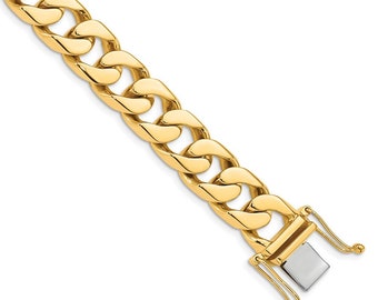 Solid 14K Yellow Gold 24 inch 12mm Hand Polished Flat Beveled Curb Link with Box Catch Clasp Chain Necklace