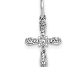 Solid 14k White Gold .03ct. Simulated CZ Cross Charm