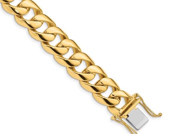 Solid 14K Yellow Gold 24 inch 13.4mm Hand Polished Rounded Curb Link with Box Catch Clasp Chain Necklace