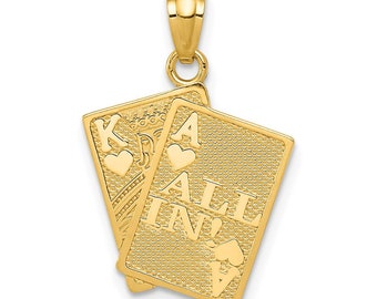 14k Yellow Gold Ace of Hearts and King of Hearts ALL IN! Cards Pendant